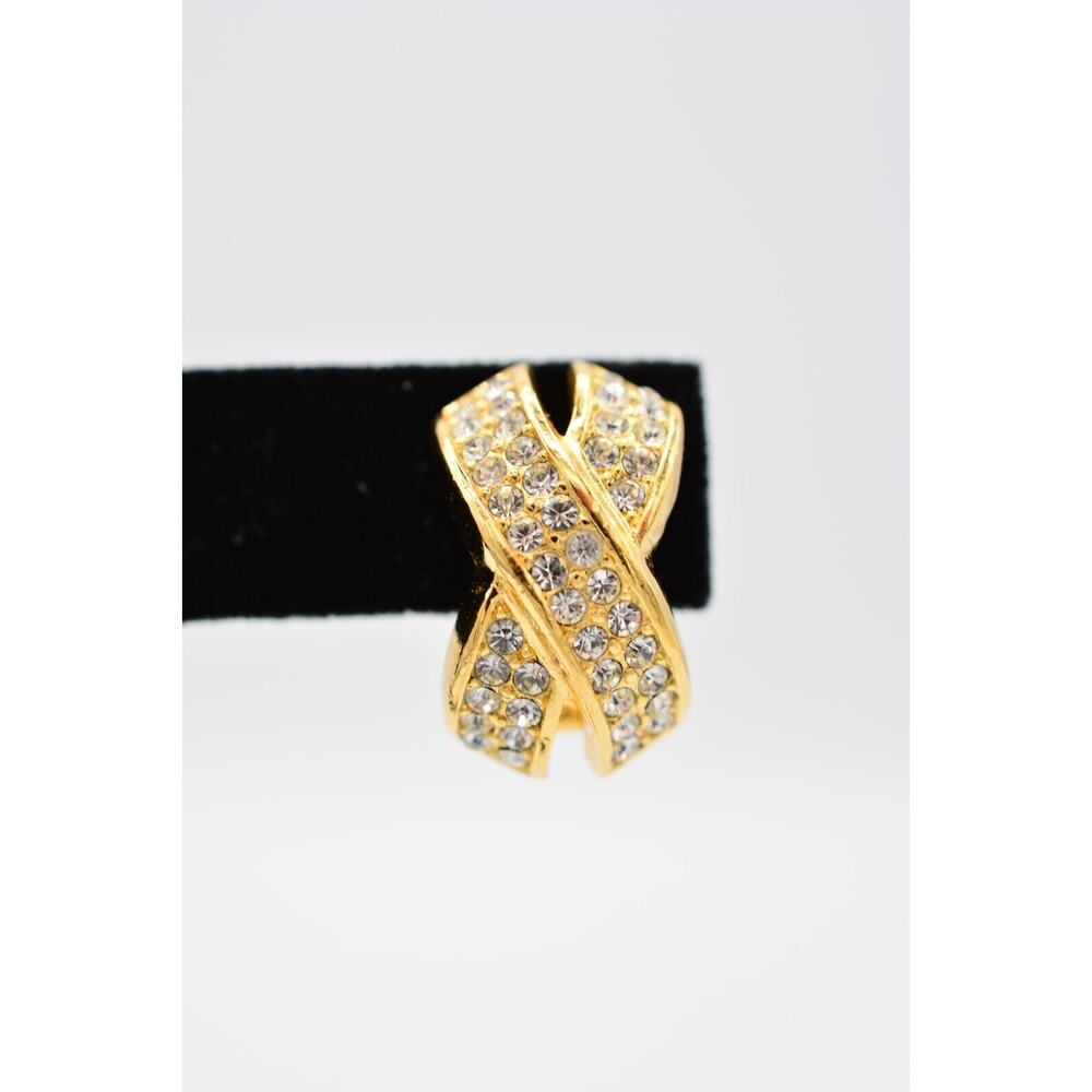 Christian Dior Vintage Clip On Earrings X Rhinestone Crystal Gold Signed BinAO - Picture 7 of 13